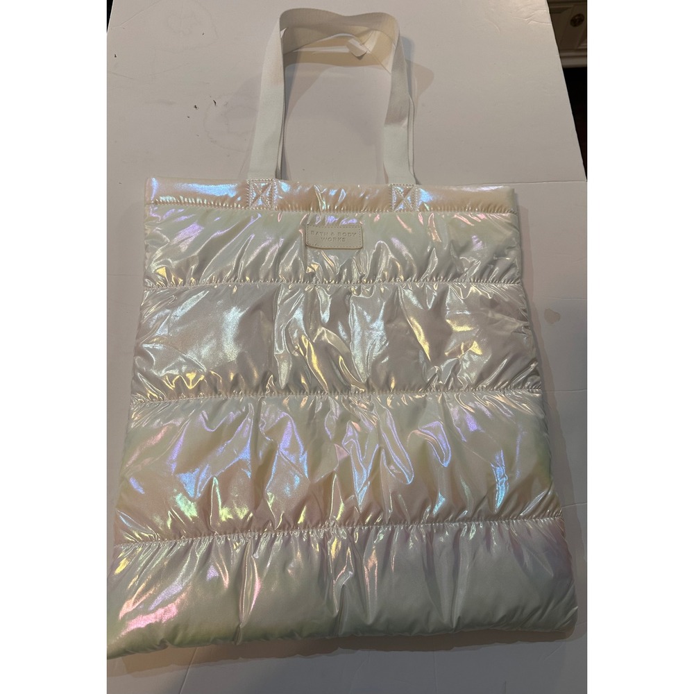 Bath & Body Works Iridescent Puffer Tote Bag White Quilted Holographic